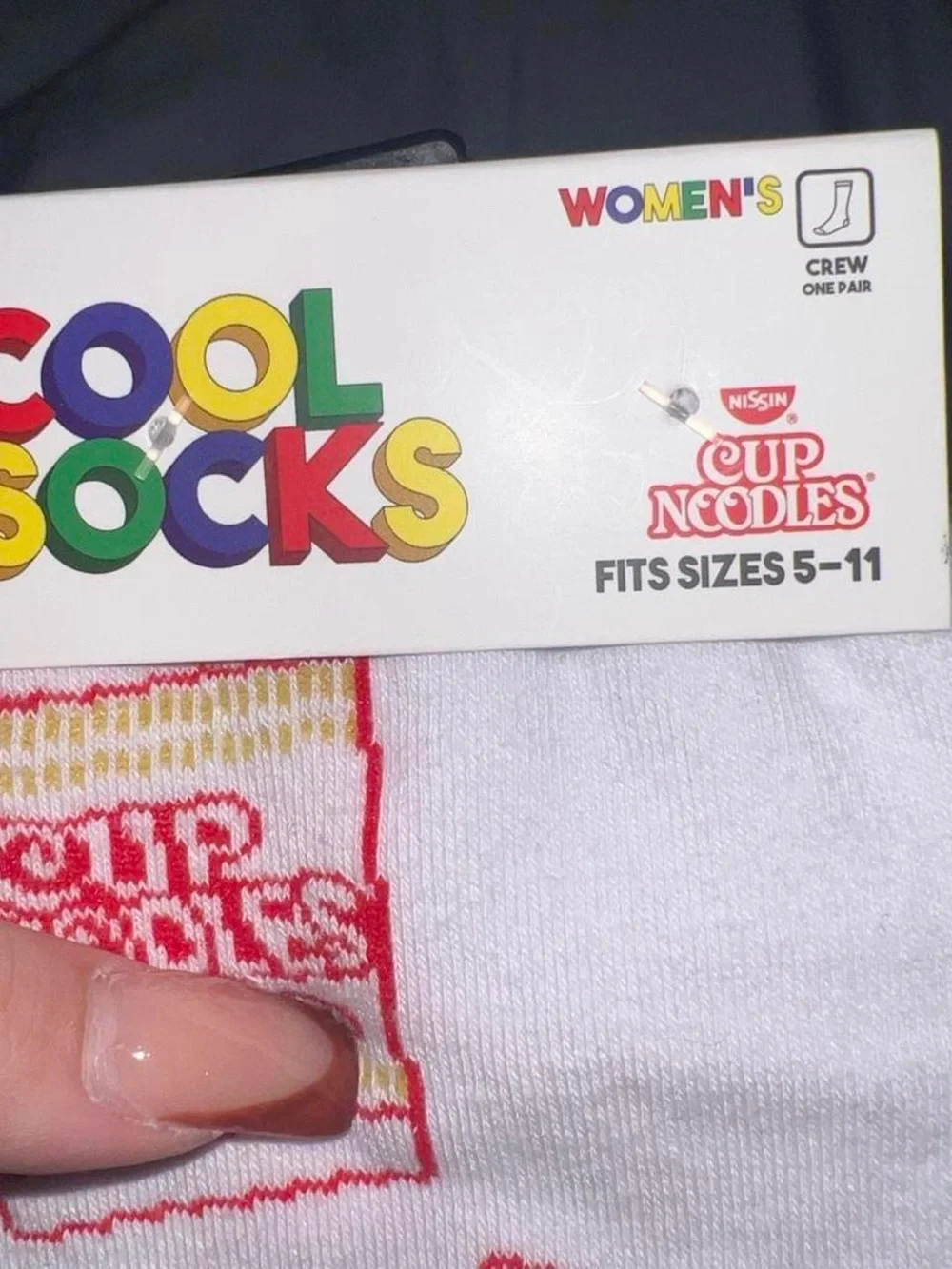 COOL SOCKS White Crew Socks with Red Cup Noodles Motif and Yellow Heel
